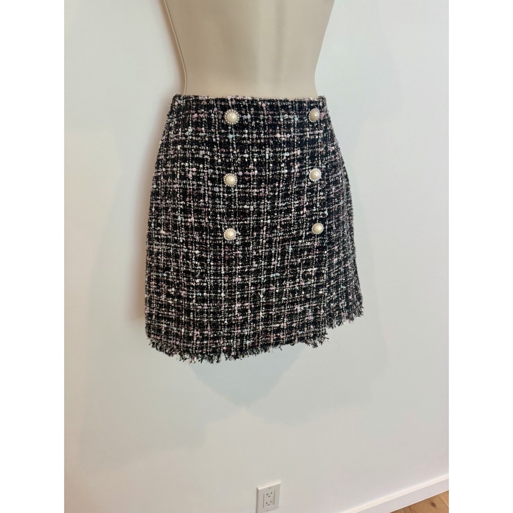 Majorelle Tweed Mini Skirt Sz S Black Pearl Buttons Fringe Revolve Cocktail - Picture 6 of 10